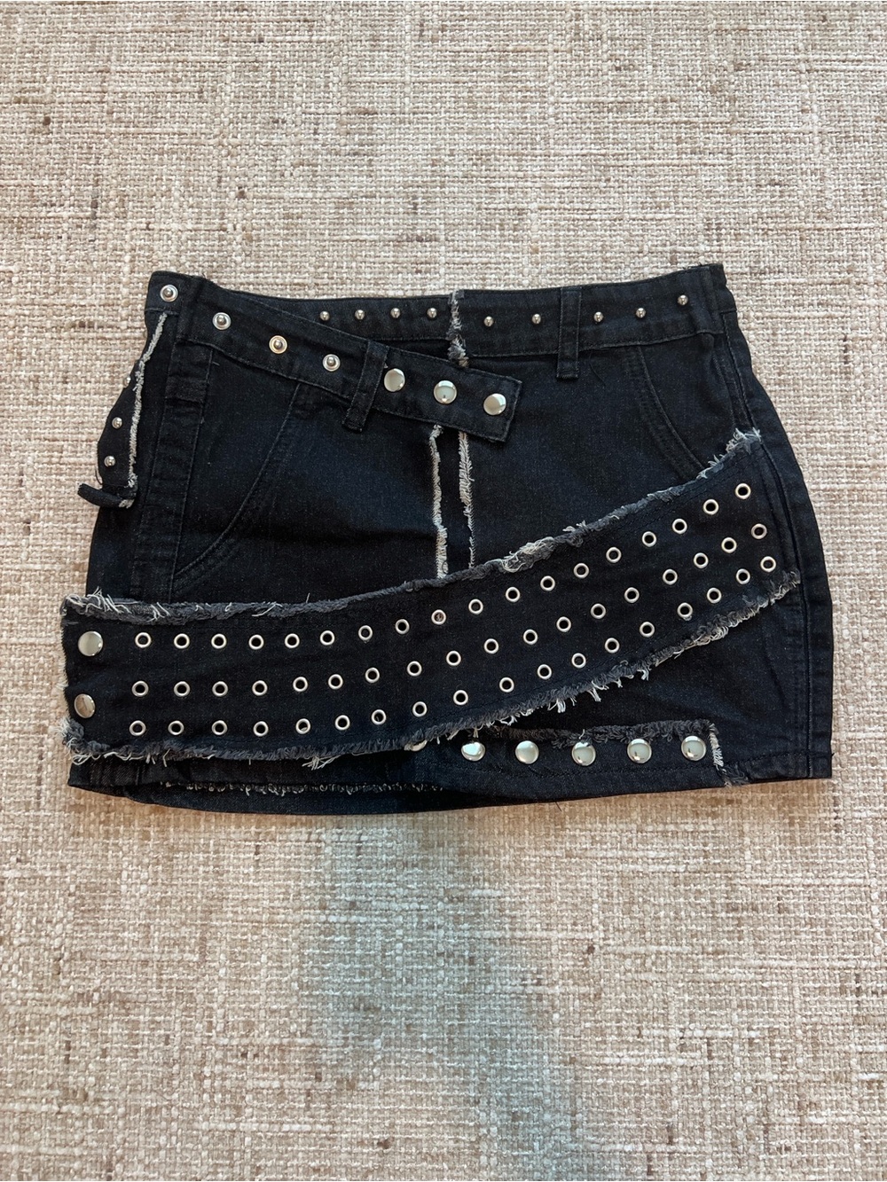 Black Distressed Eyelet Denim Mini Skirt